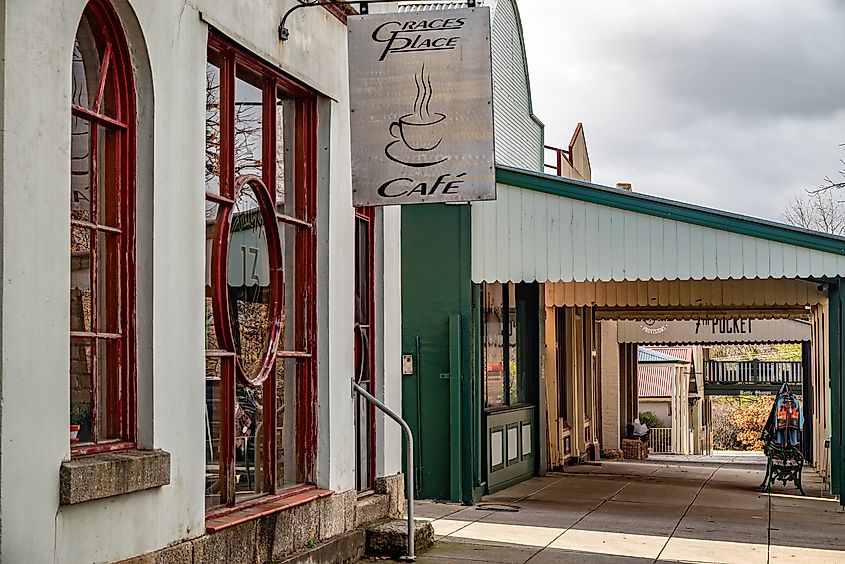 Street scene in the historic northern Victorian goldfields town of Yackandandah, where the main street is heritage listed.