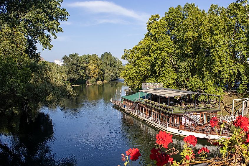 Raft restaurant on Vrbas river on sunny summer day