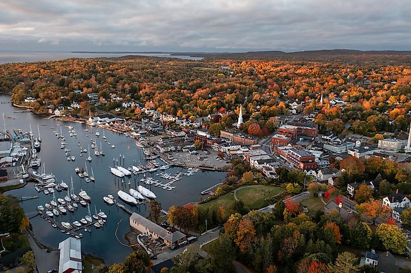 Panoramic view of sea harbor in Camden, Maine.