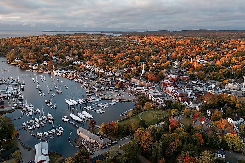 Panoramic view of sea harbor of Camden, Maine