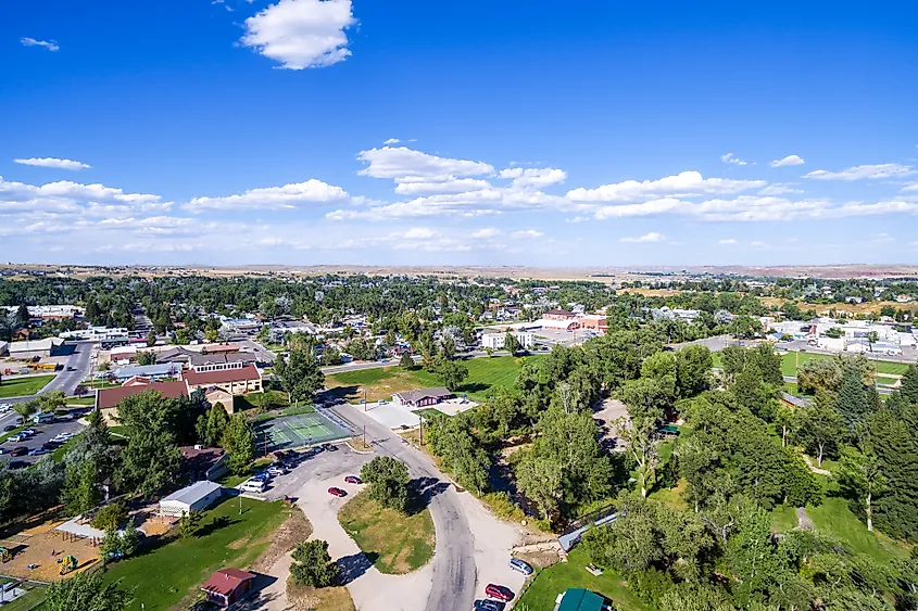 Aerial view of Buffalo, Wyoming located at the base of the Bighorn Mountains.