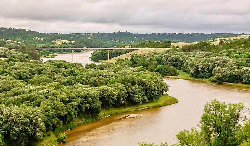 Aerial view of Niobrara River and traffic bridge along Nebraska Highway 12, also known as Outlaw Trail Scenic Byway, outside Valentine, Nebraska,