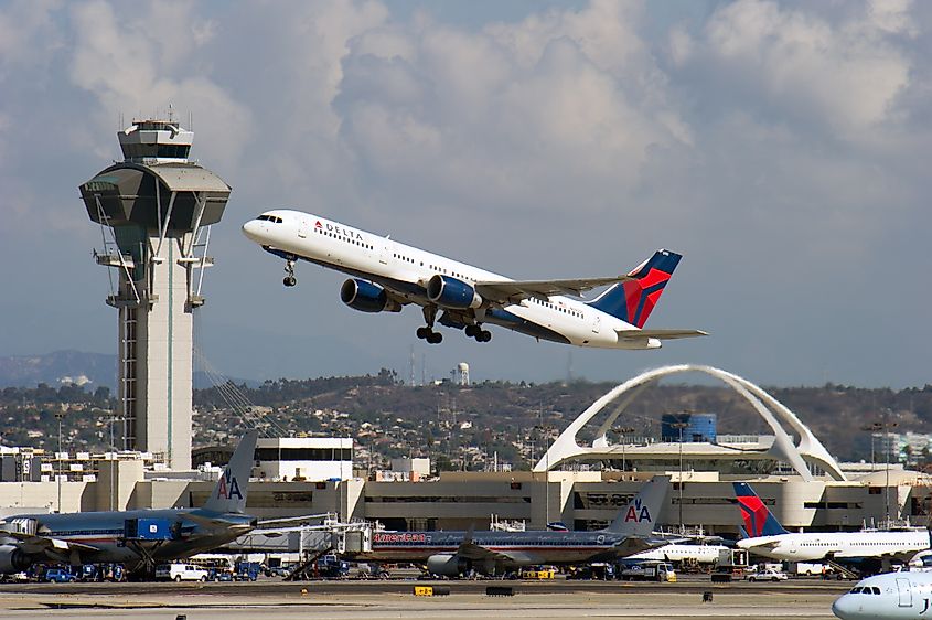 A Delta Airlines passenger jet takes off from Los Angeles International Airport in Los Angeles, CA