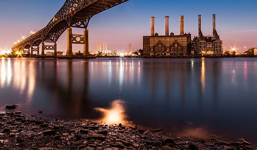 Kearny Power Station and Pulaski Skyway at dusk on June 28, 2012 in Jersey City, NJ.