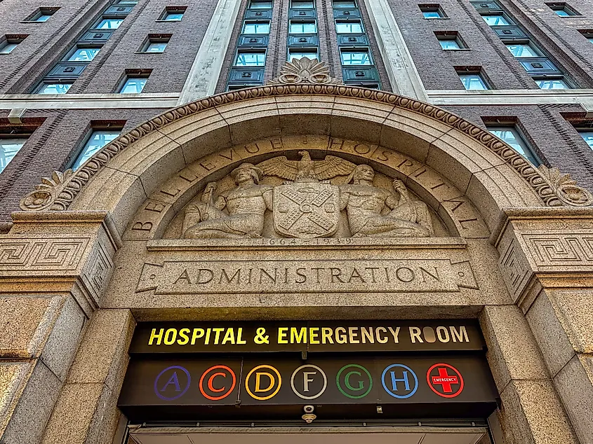 Bellevue Hospital building entrance in New York City.