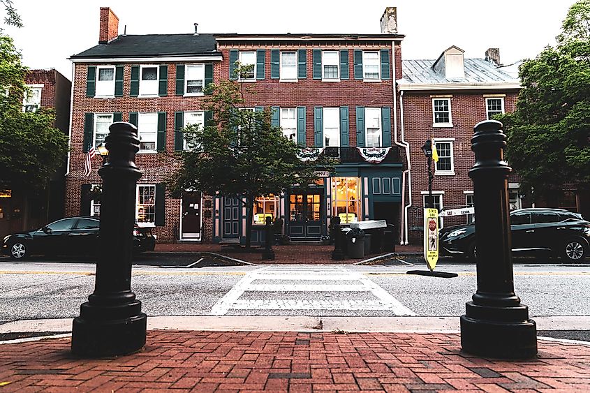 View of old buildings on Farnsworth Avenue in downtown Bordentown, a historic town in Burlington County, New Jersey
