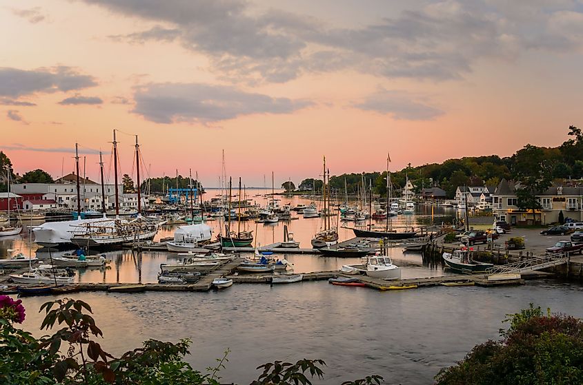 View of a beautiful harbor at twilight in Camden, Maine