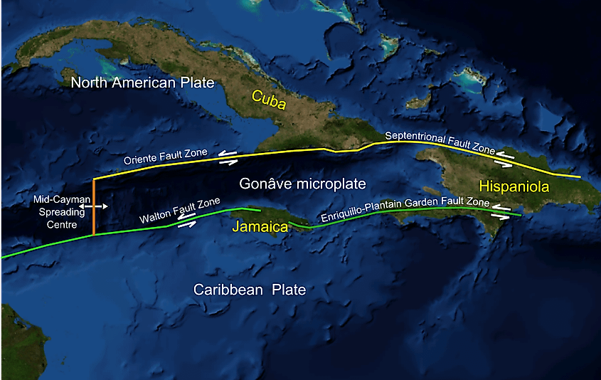 Mid-Cayman spreading centre as part of the trough, on the western edge of the Gonâve Microplate.