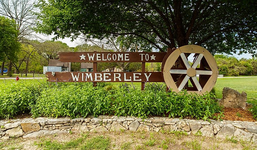 Welcome to Wimberley sign from this small town in the Texas Hill Country.