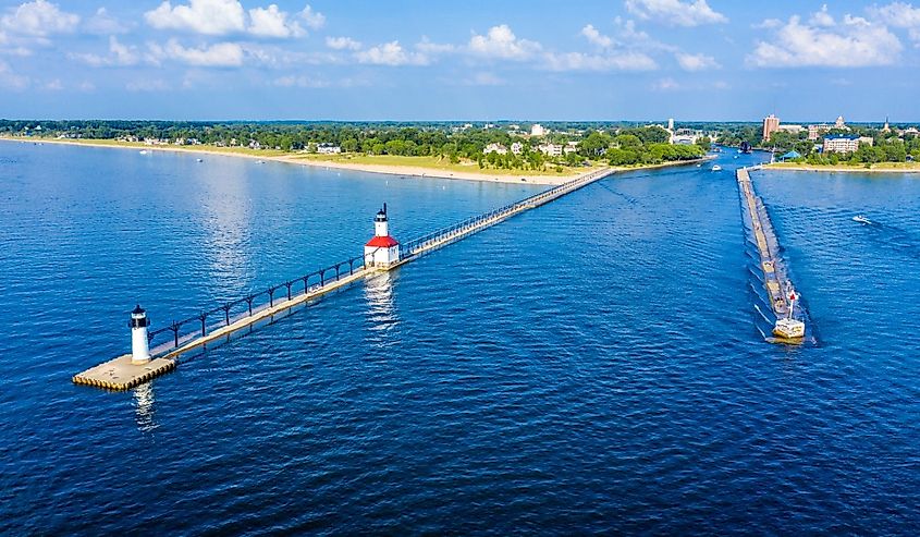 Aerial view of the St. Joseph North and South Pier Lighthouses on Lake Michigan