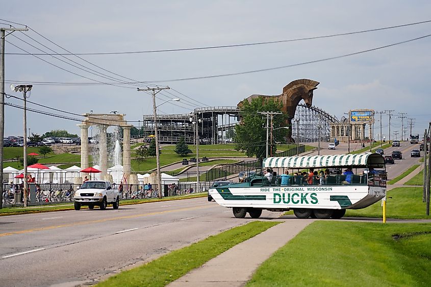 Tourists enjoy a ride on the Original Wisconsin Ducks