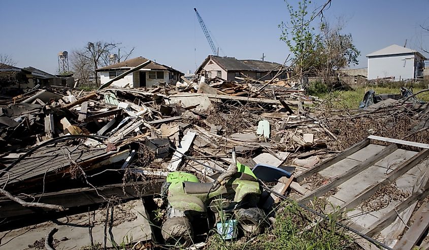 Heavily damaged homes in the Ninth Ward of New Orleans during the storm surge of hurricane Katrina.