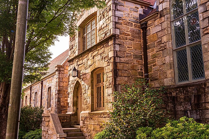 Raleigh, North Carolina USA-05 09 2021: Christ Church Episcopal is a Downtown Raleigh Church with a Gothic Stone Design. This is a Side Entrance.