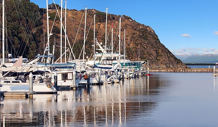 View of Anacortes marina with boats and mountain in the background