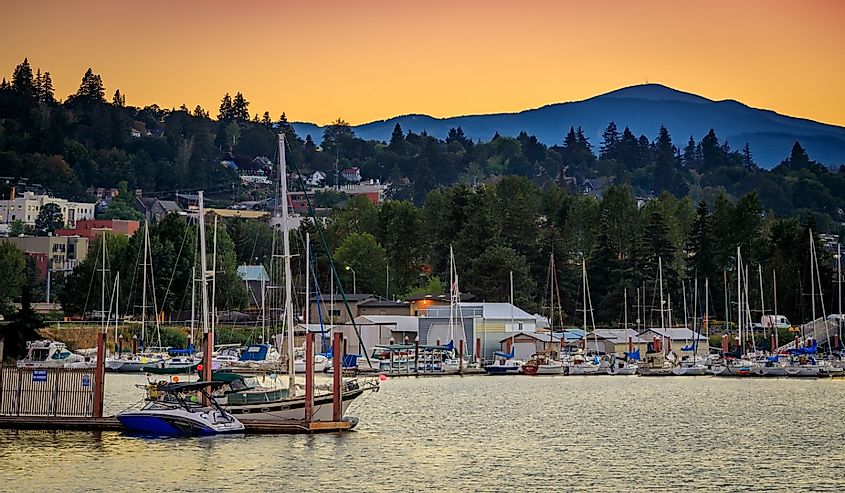 Hood River, Oregon, boats dock at the Port of Hood River Marina on the Columbia River, Oregon state at sunset