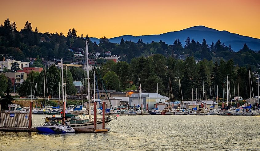 Hood River, Oregon, boats dock at the Port of Hood River Marina on the Columbia River, Oregon state at sunset