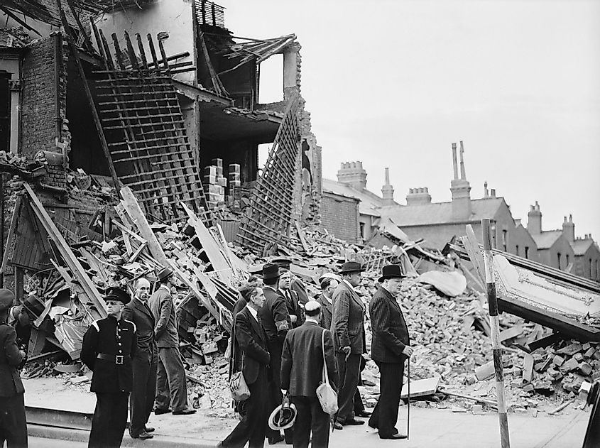 Winston Churchill visiting bomb-damaged areas of the East End of London, 8 September 1940