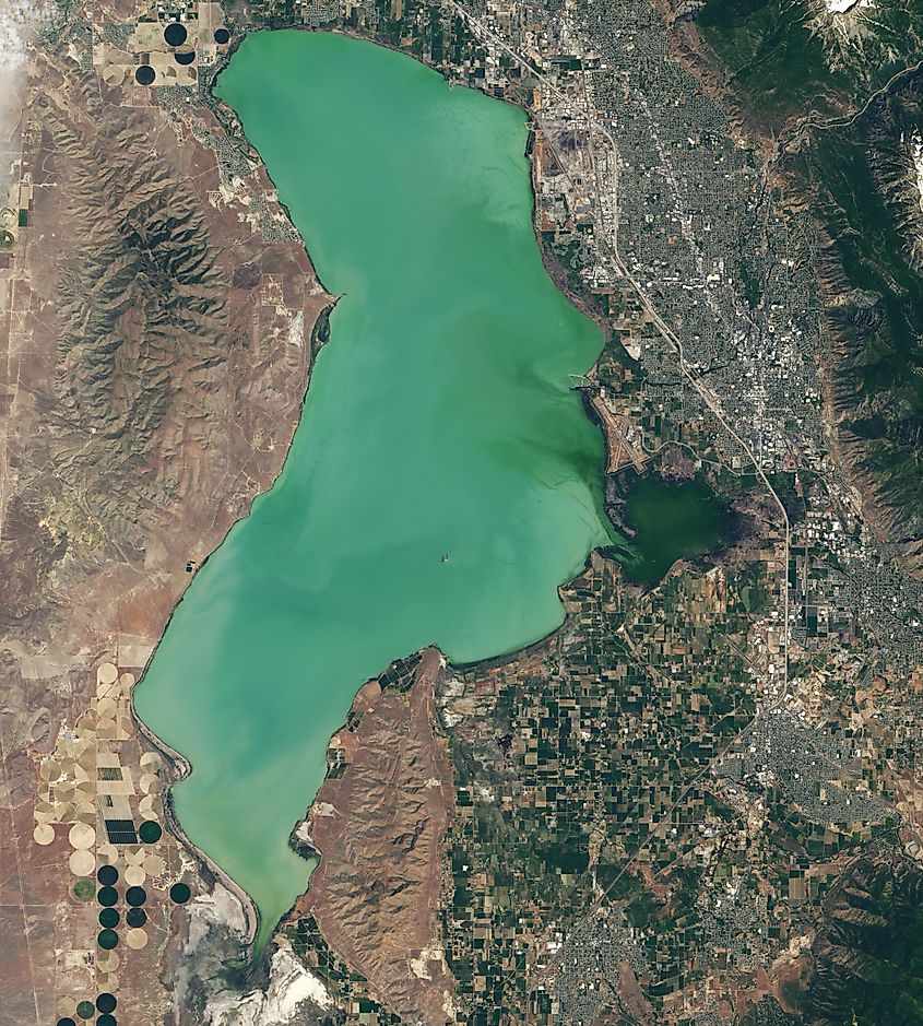 Satellite photo of Utah Lake. Credit: By NASA Earth Observatory images by Lauren Dauphin, using Landsat data from the U.S. Geological Survey - https://earthobservatory.nasa.gov/images/146983/early-detection-of-algae-yields-savings, Public Domain, https://commons.wikimedia.org/w/index.php?curid=105965310