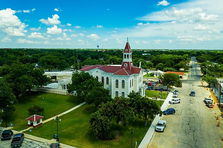 Historic Wilson County Courthouse arial view in Floresville, Texas. Editorial credit: Michael Cotton / Shutterstock.com