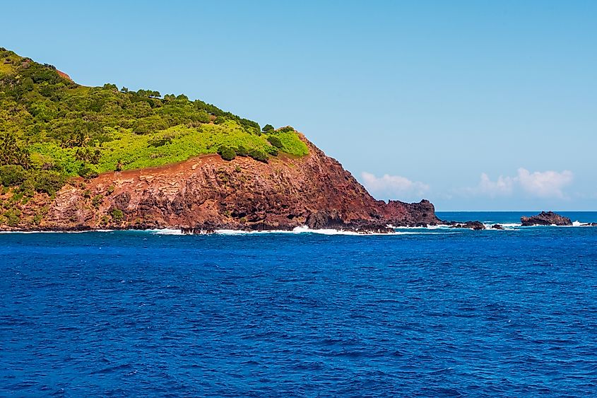 Pitcairn Island rising above Bounty Bay in the South Pacific