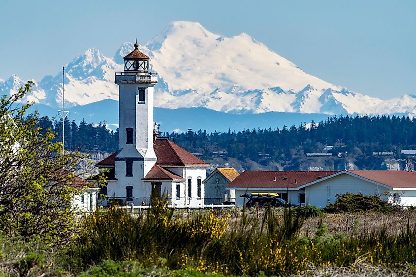 Mount Baker and lighthouse in Port Townsend, Washington