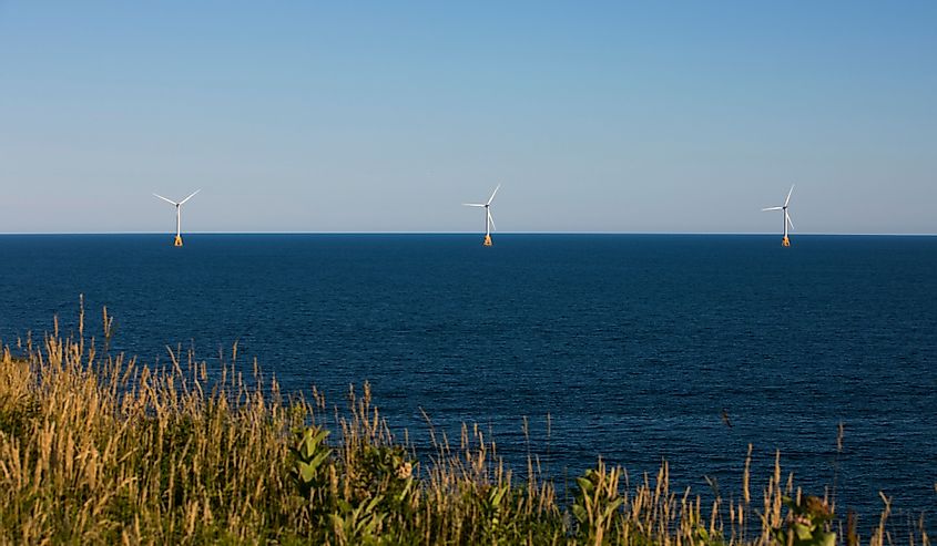 Wind turbines stand off the shores of Block Island, Rhode Island