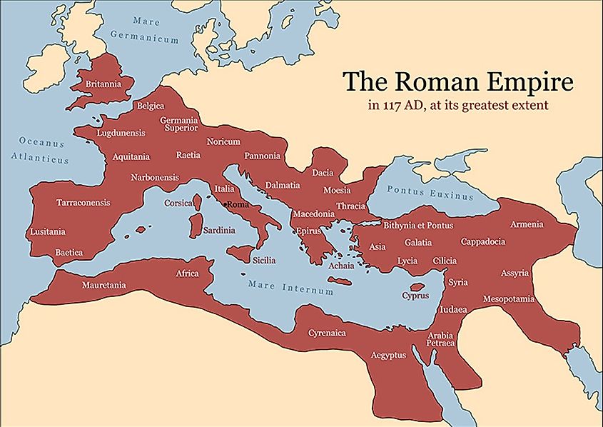 The Roman Empire at its greatest extent in 117 AD at the time of Trajan, plus principal provinces.