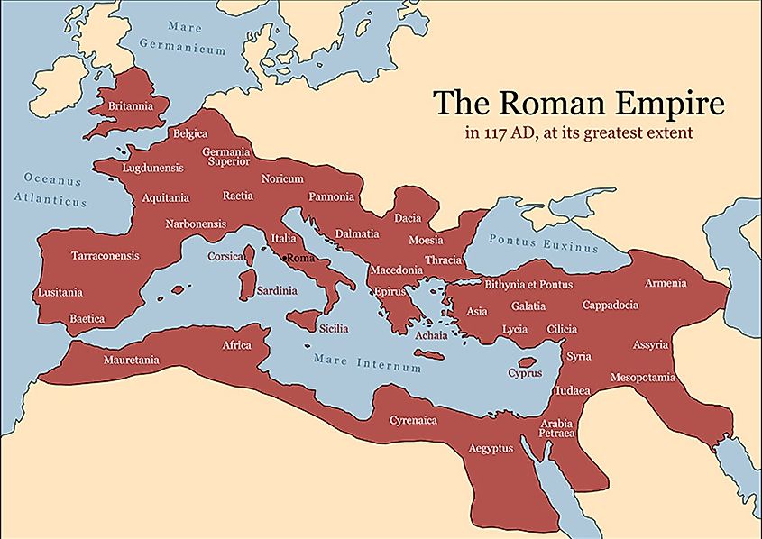 The Roman Empire at its greatest extent in 117 AD at the time of Trajan, plus principal provinces.