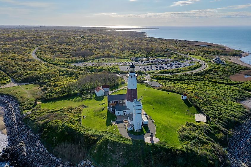 Aerial view of the Montauk Lighthouse and beach in Long Island, New York, USA.