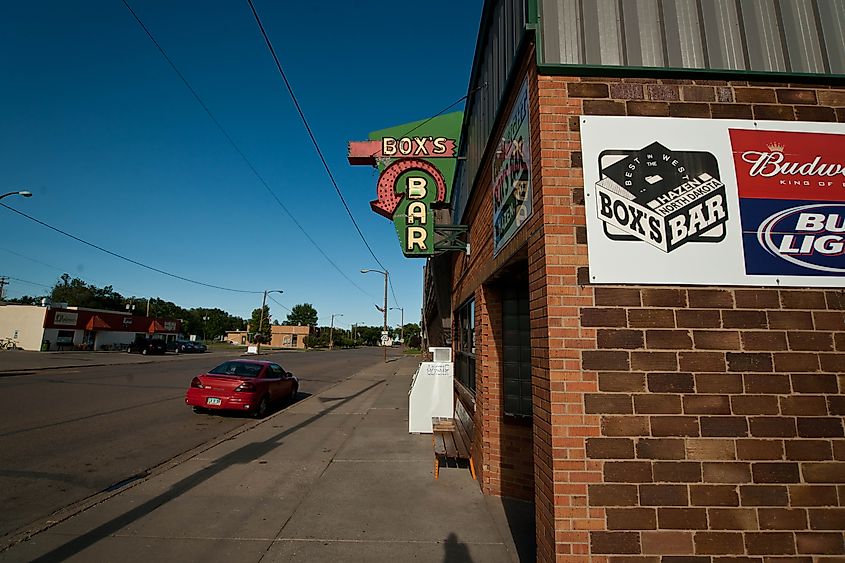 Street and sidewalk view in Hazen, North Dakota. 