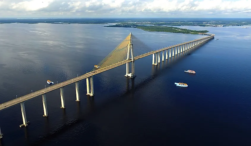 Aerial view of the Rio Negro Bridge over the Black River in the Amazon.