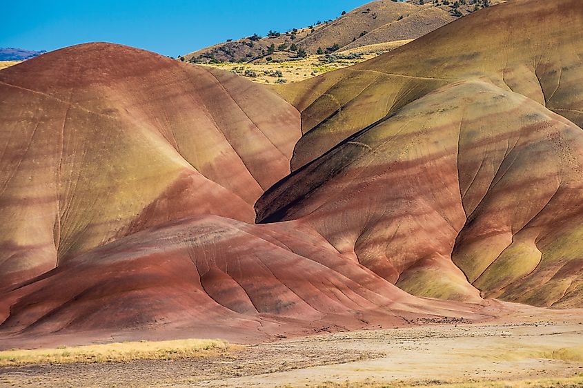 Banded red, gold, and black strata of the Painted Hills in central Oregon.