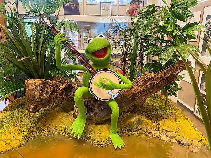 Kermit the Frog sitting on a log playing his banjo in a Mississippi swamp, singing "The Rainbow Connection." Birthplace of Kermit the Frog museum, Jim Henson's boyhood home.