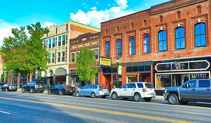 Bozeman, Montana streetscape. Often considered to be the gateway to Yellowstone National Park. It is also frequently voted as one of the best places to live or retire.
