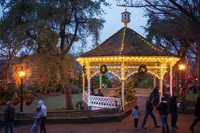 Holiday lights that are hung in the trees at Peddler's Village shopping center New Hope, Pennsylvania.