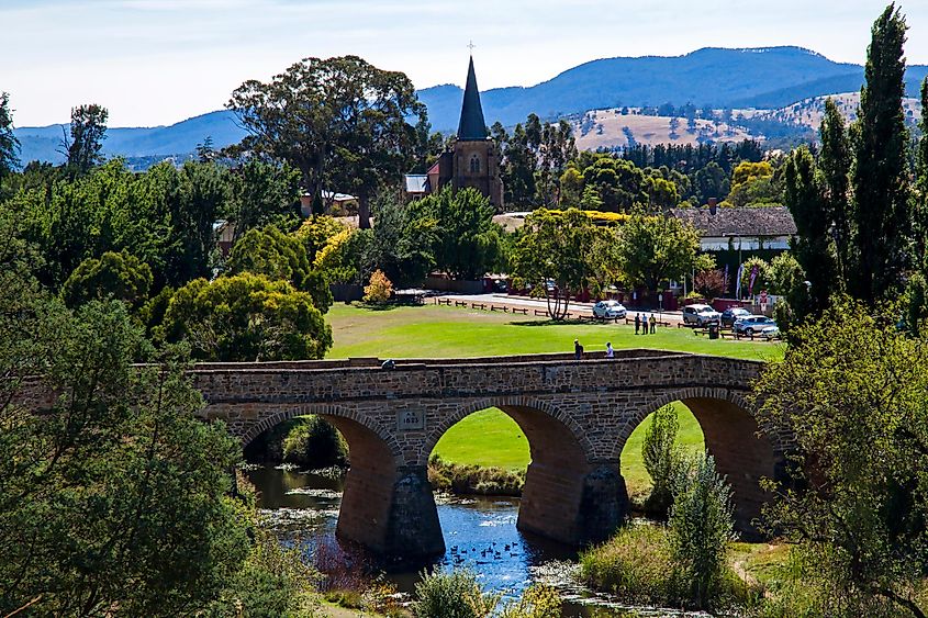 View of a street in the sunset in Richmond, Tasmania