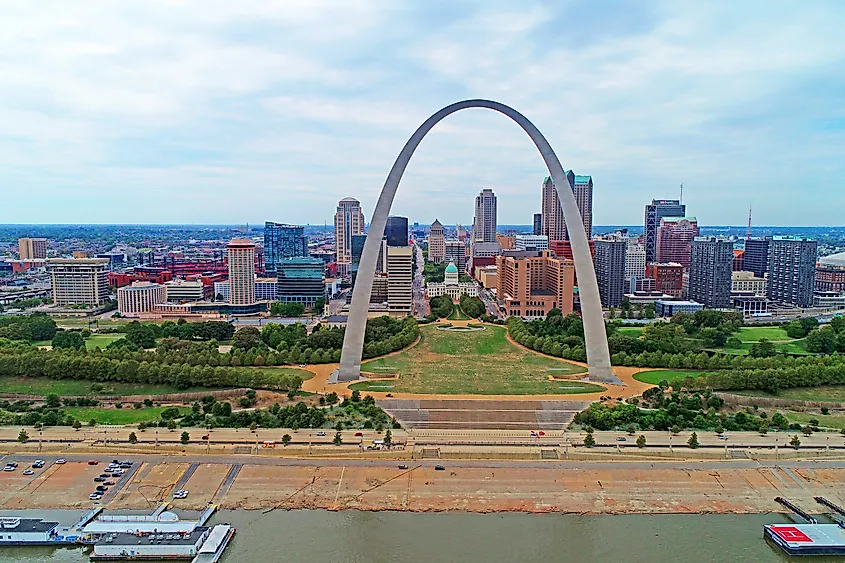 The Gateway Arch rising over the park grounds on the St. Louis riverfront