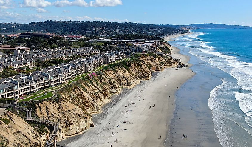 Aerial view of Solana Beach with Pacific ocean during sunny day