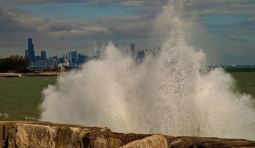 Splashing Lake Michigan wave seen from the south shore of Chicago
