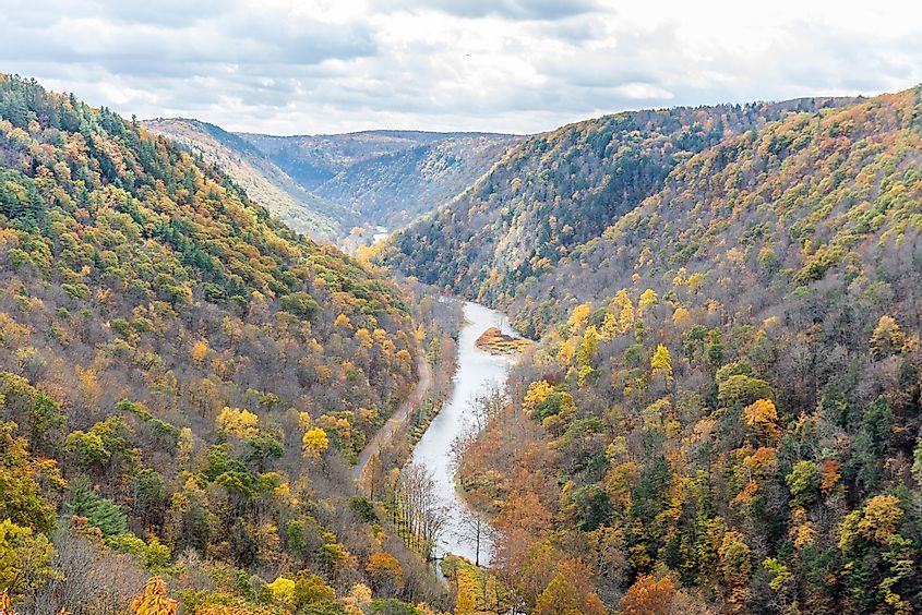 The Pine Creek flows swiftly through the fall colors in the Grand Canyon of Pennsylvania.