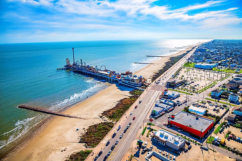 The Galveston, Texas, shoreline shot from the air.