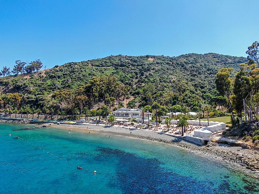 Aerial view of Santa Catalina Island with Descanso bay and beach club. 