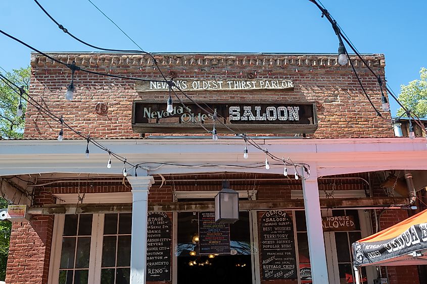 Genoa, NV, USA. 2022-09-17. Nevada’s oldest bar, front view, brickwork historic building