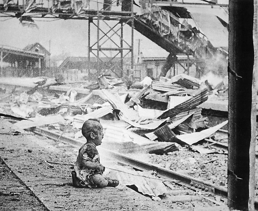This terrified baby was one of the only human beings left alive in Shanghai's South Station after the brutal Japanese bombing in China.