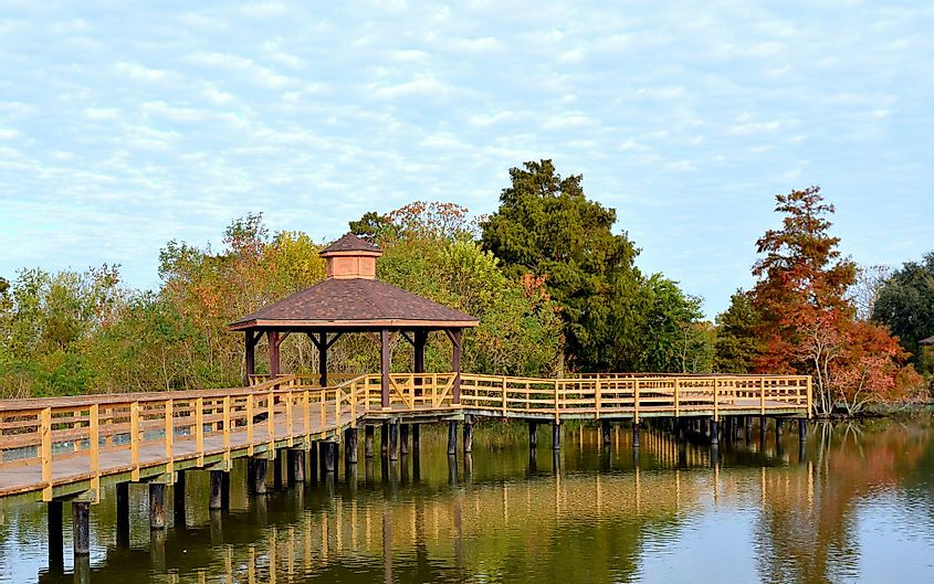 A boardwalk with a gazebo over a southern swamp in Lafreniere Park in Metairie, Louisiana