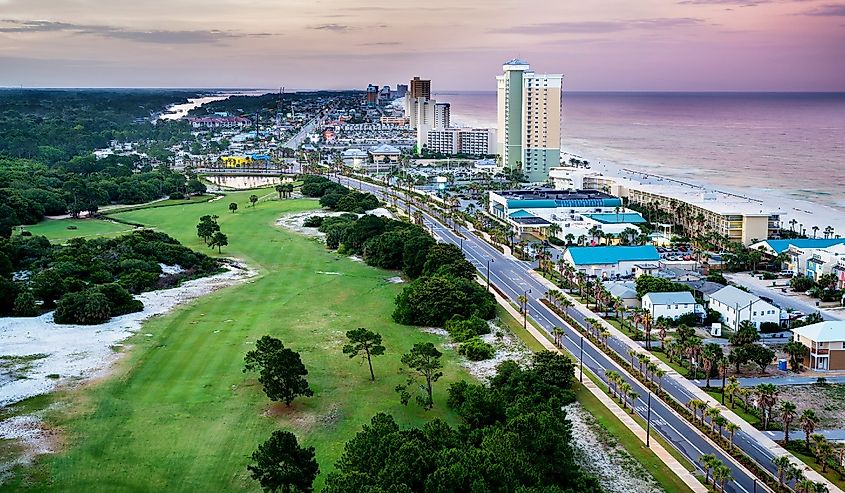 Panama City Beach, Florida, view of Front Beach Road at sunrise