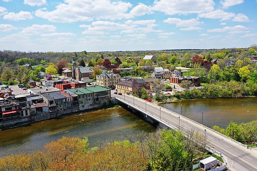 An aerial view of downtown Paris, Ontario, Canada