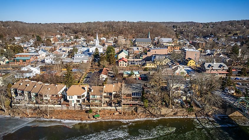 Aerial view of Lambertville, New Jersey, in winter.