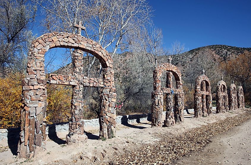 Crosses at the grounds of El Santuario de Chimayo in Chimayo, New Mexico