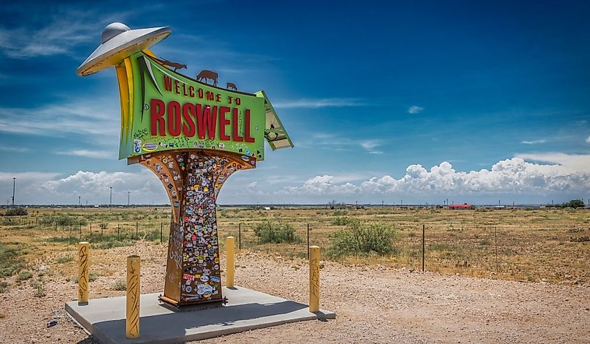 The colorful sign, north of the city on highway 285, welcoming travelers to the city.